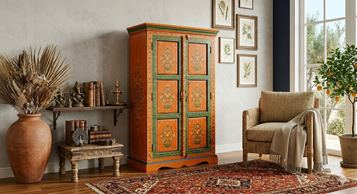Artisanal Hand-Painted Floral Motif Wardrobe - Image 2