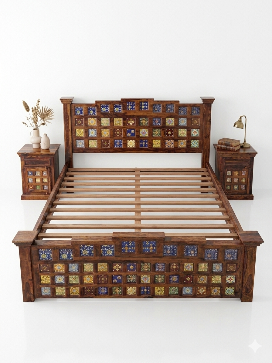 Artisanal Sheesham Wood Bed Frame with Matching Bedside Tables - Image 4