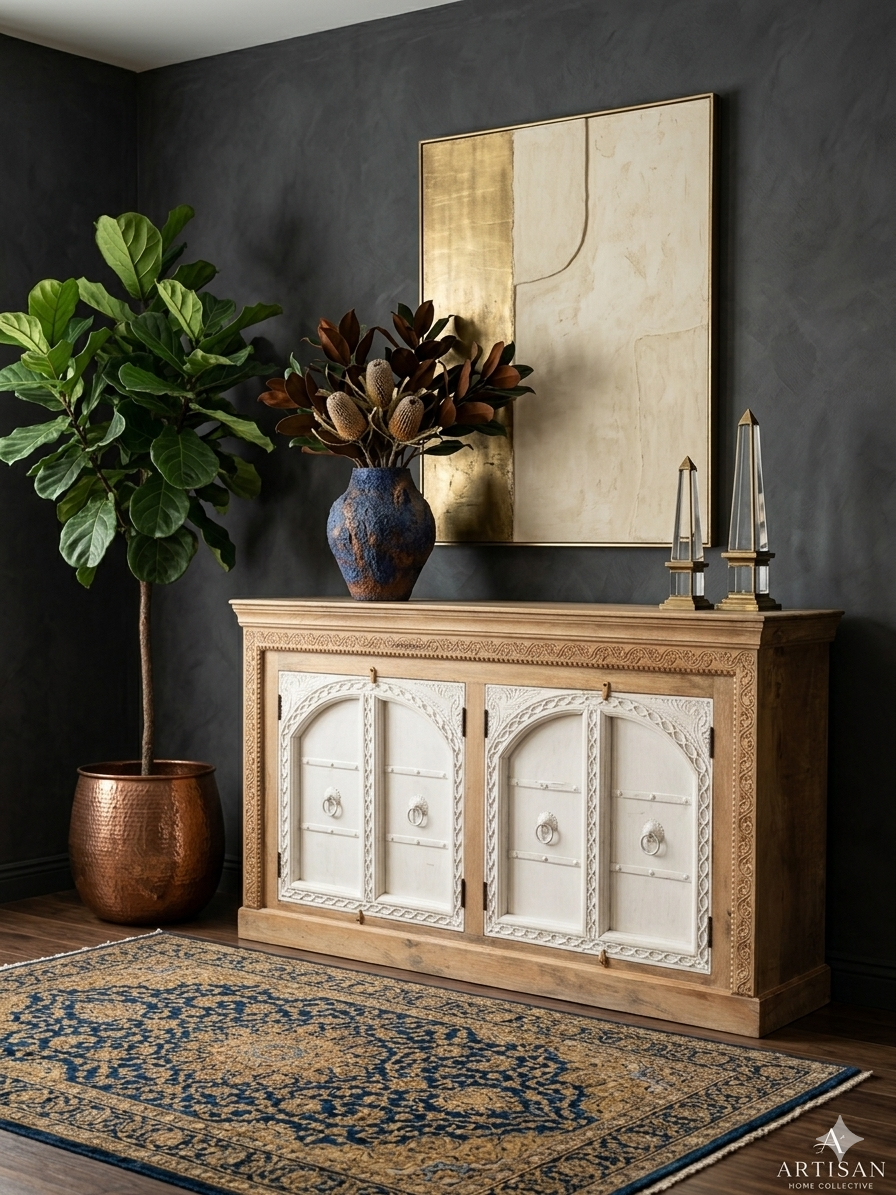 Artisanal Hand-Carved Wooden Sideboard - Image 2