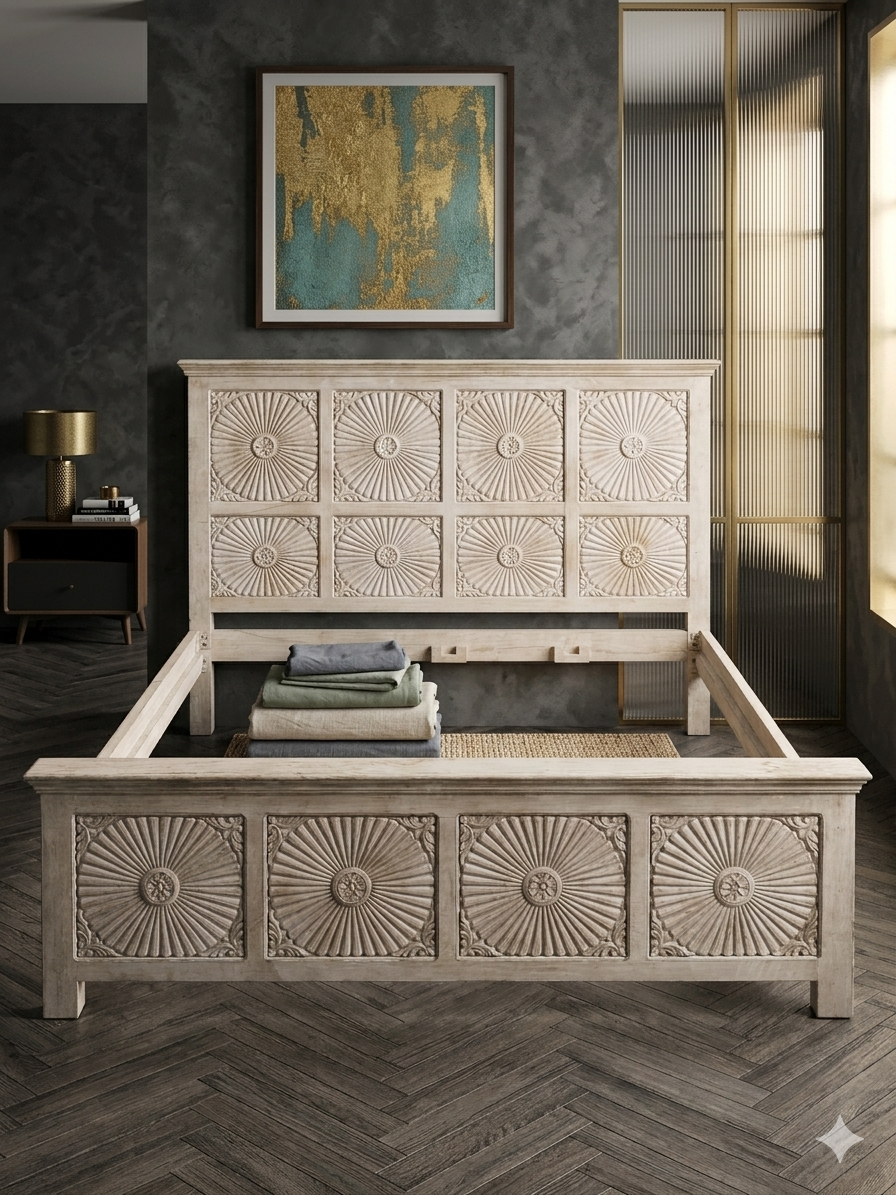 Handcrafted Mango Wood Carved Bed Frame  - Image 2