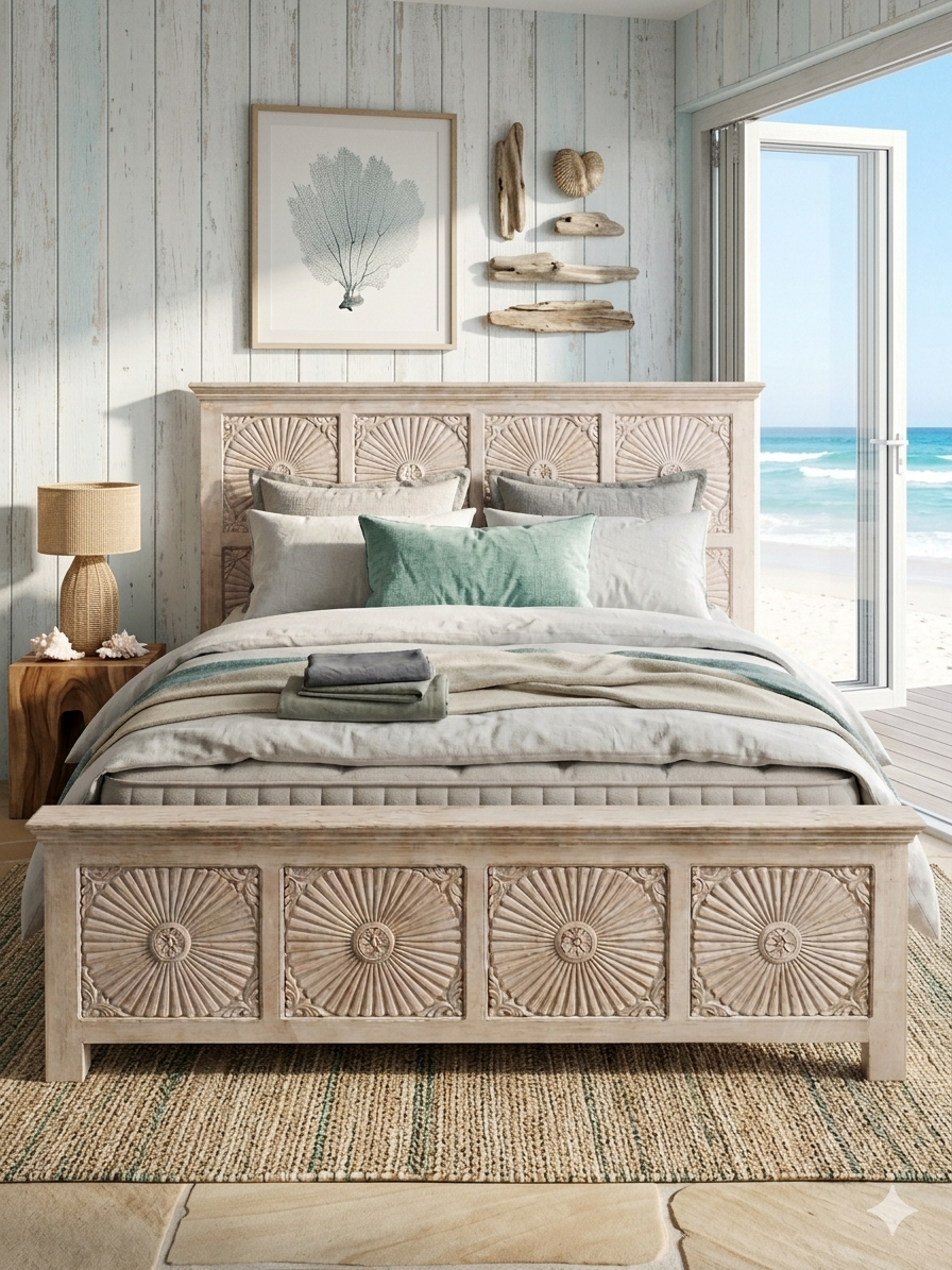 Handcrafted Mango Wood Carved Bed Frame 