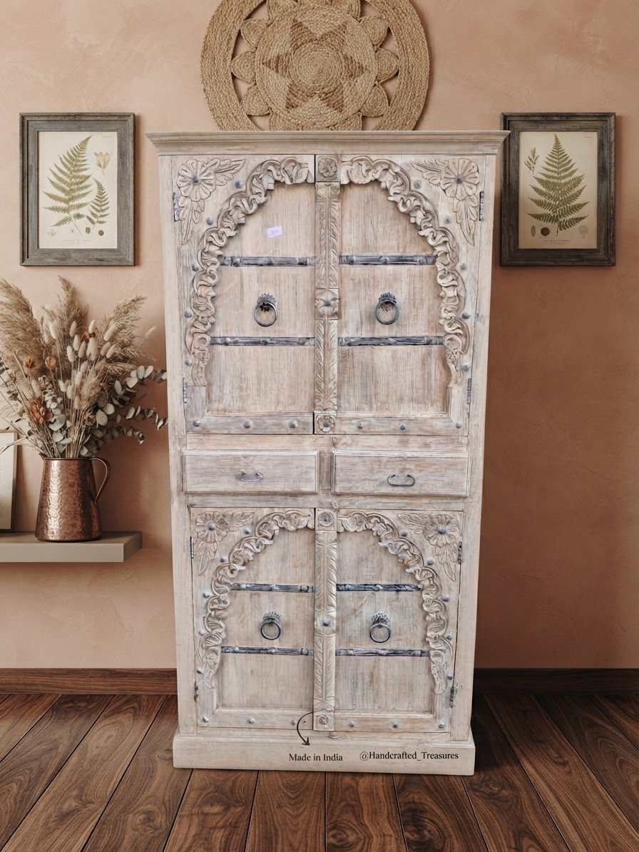 Handcrafted Carved Solid Wood Storage Cabinet