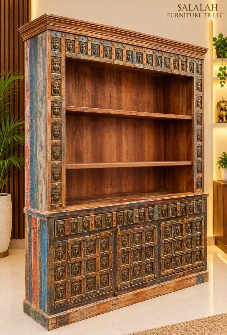 Handcrafted Solid Wood Buddha Carved Open Bookshelf & Cabinet