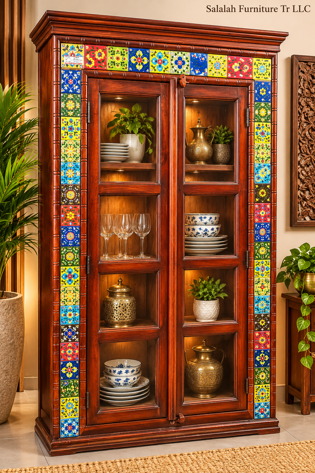 Handcrafted Tile-Border Solid Wood Cabinet & Bookshelf