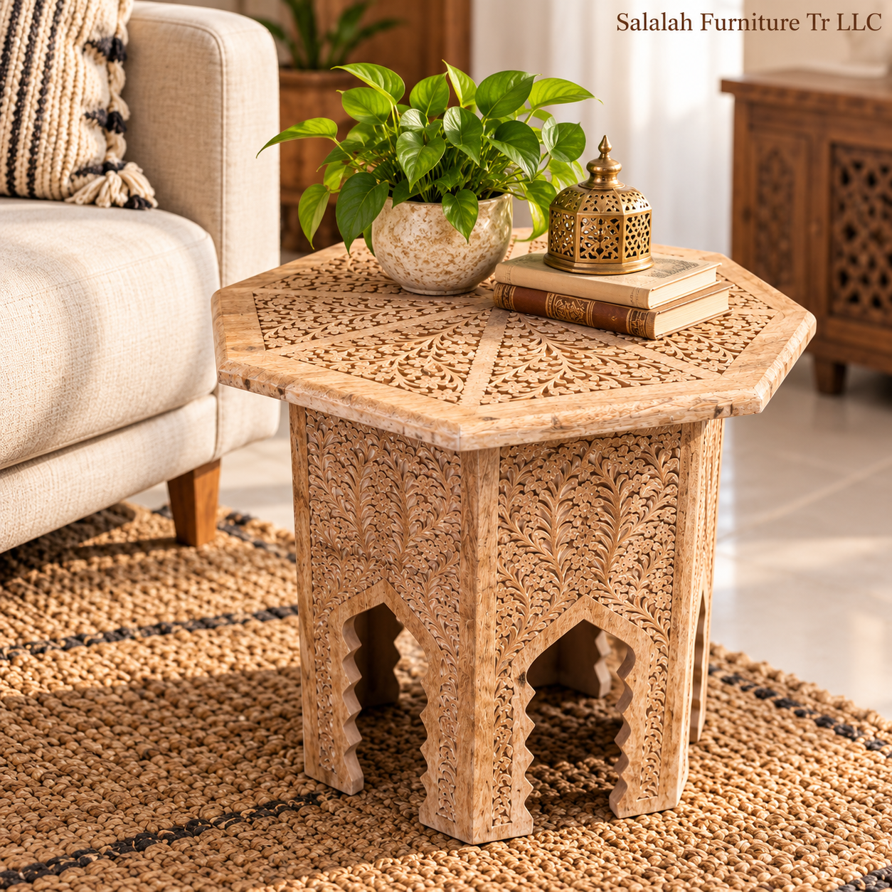 Octagonal Carved Solid Wood Side Table