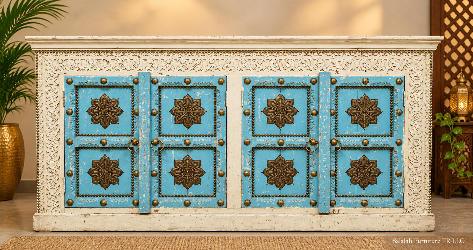 Handcrafted Indian Wooden Sideboard with Blue Floral Brass Inlays