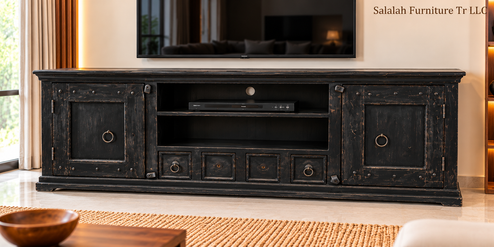 Solid Wood Distressed Black TV Unit - Image 2