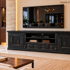 Solid Wood Distressed Black TV Unit