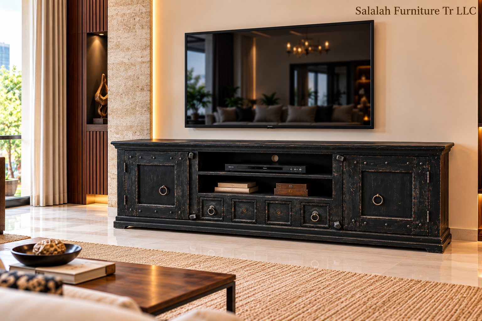Solid Wood Distressed Black TV Unit