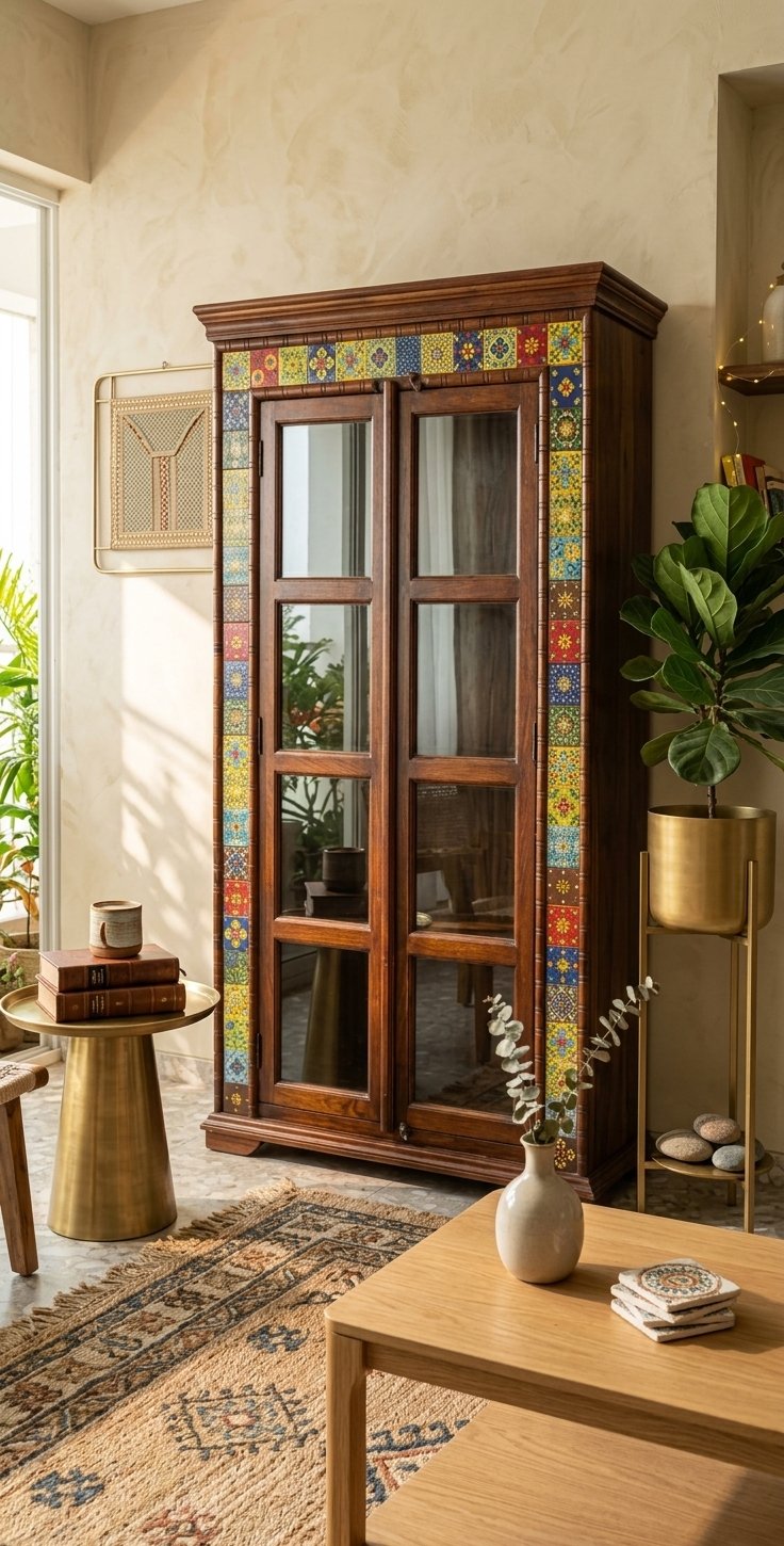 Handcrafted Tile-Border Solid Wood Cabinet & Bookshelf - Image 2