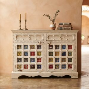 Handcrafted Indian White Wooden Sideboard with Ceramic Tiles
