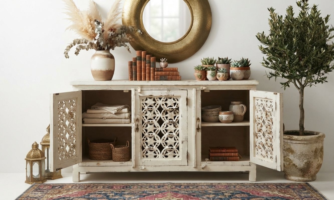 Hand-Carved Distressed Cream Sideboard Cabinet - Image 3