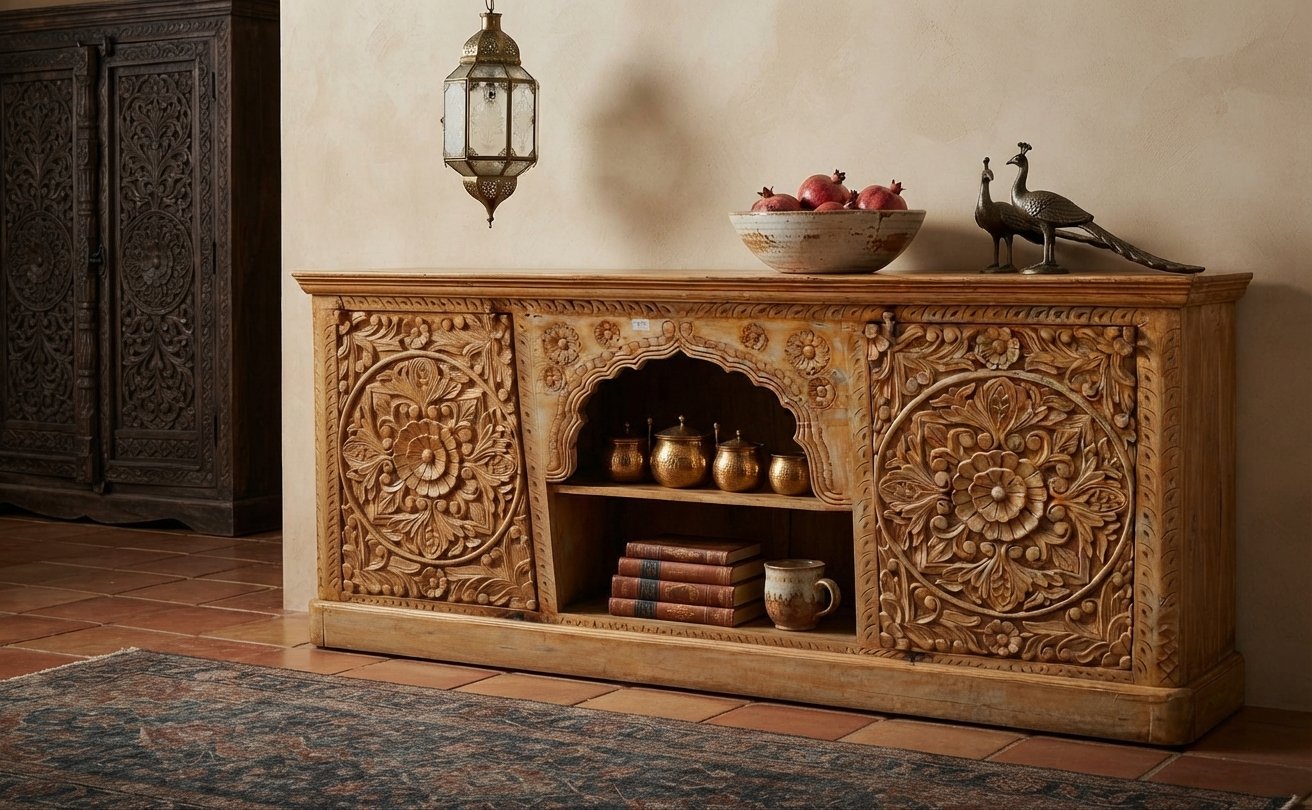 Wooden Sideboard with Intricate Floral Carvings