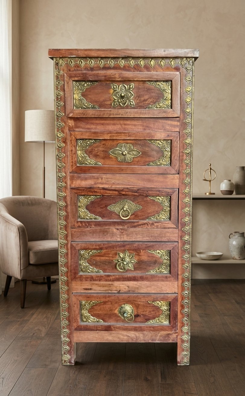 Brass Fitted Solid Wood 5-Drawer Tallboy Chest - Image 2