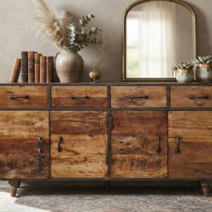 Industrial Reclaimed Wood and Metal Media Sideboard Cabinet