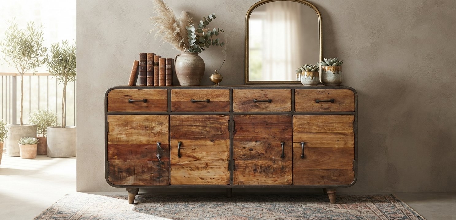 Industrial Reclaimed Wood and Metal Media Sideboard Cabinet