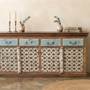Exquisite Hand-Carved/Brass Fitted Indian Sideboard