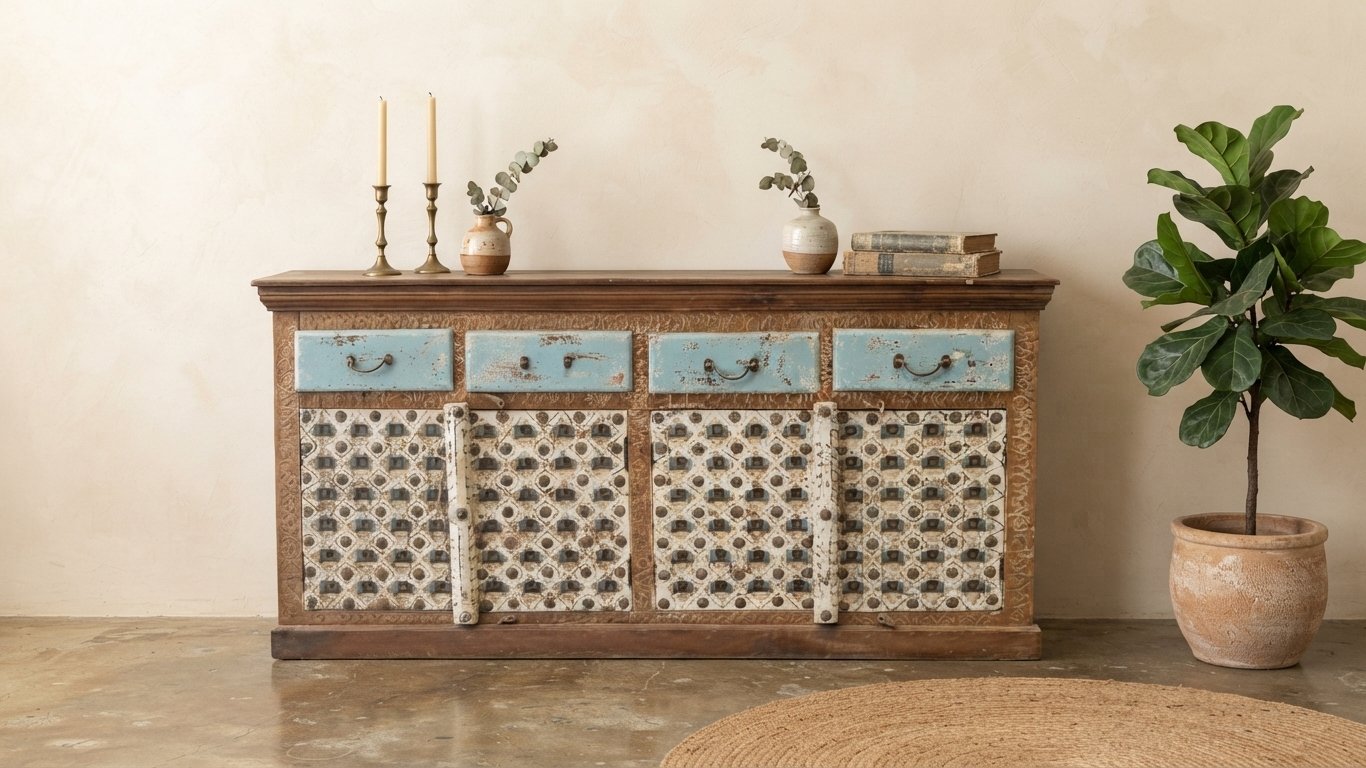 Exquisite Hand-Carved/Brass Fitted Indian Sideboard