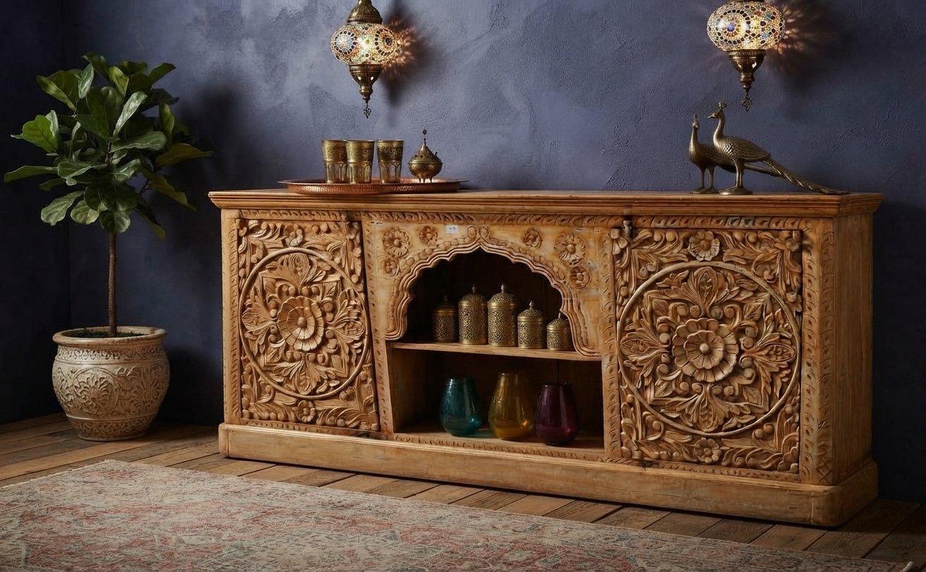 Wooden Sideboard with Intricate Floral Carvings - Image 2