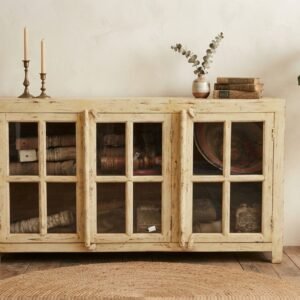 Vintage Distressed White Glass-Paneled Sideboard / Display Cabinet