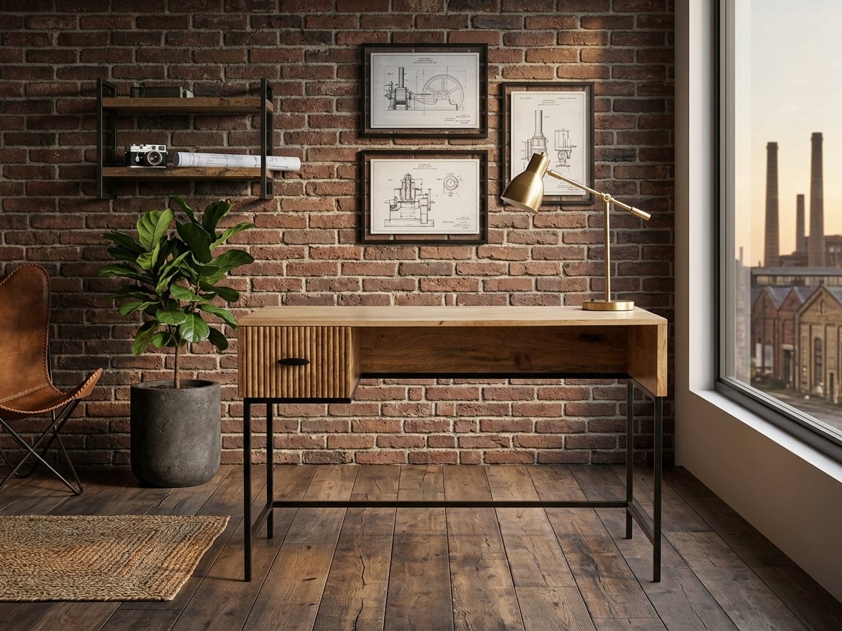 Modern Solid Wood Study Table with Fluted Drawer & Metal Frame - Image 3