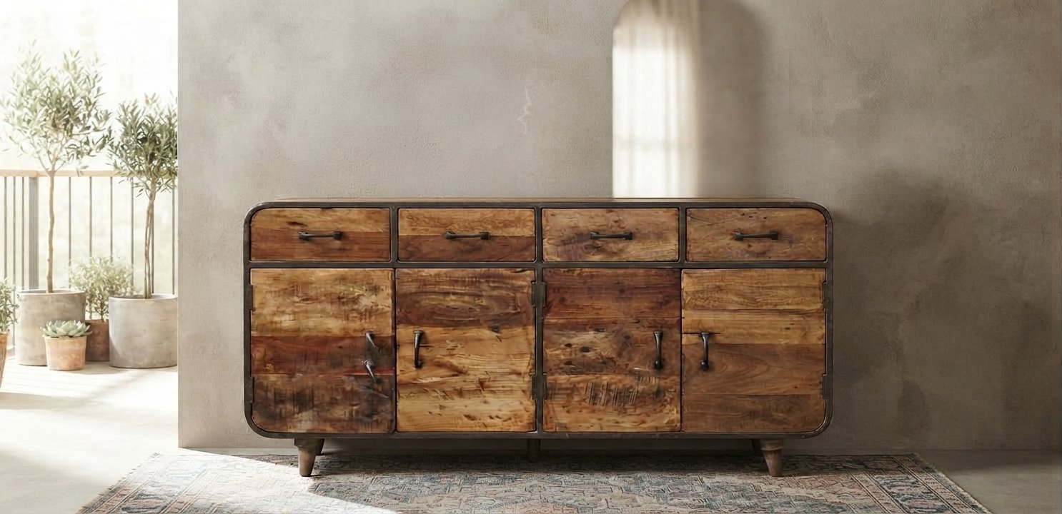 Industrial Reclaimed Wood and Metal Media Sideboard Cabinet - Image 2
