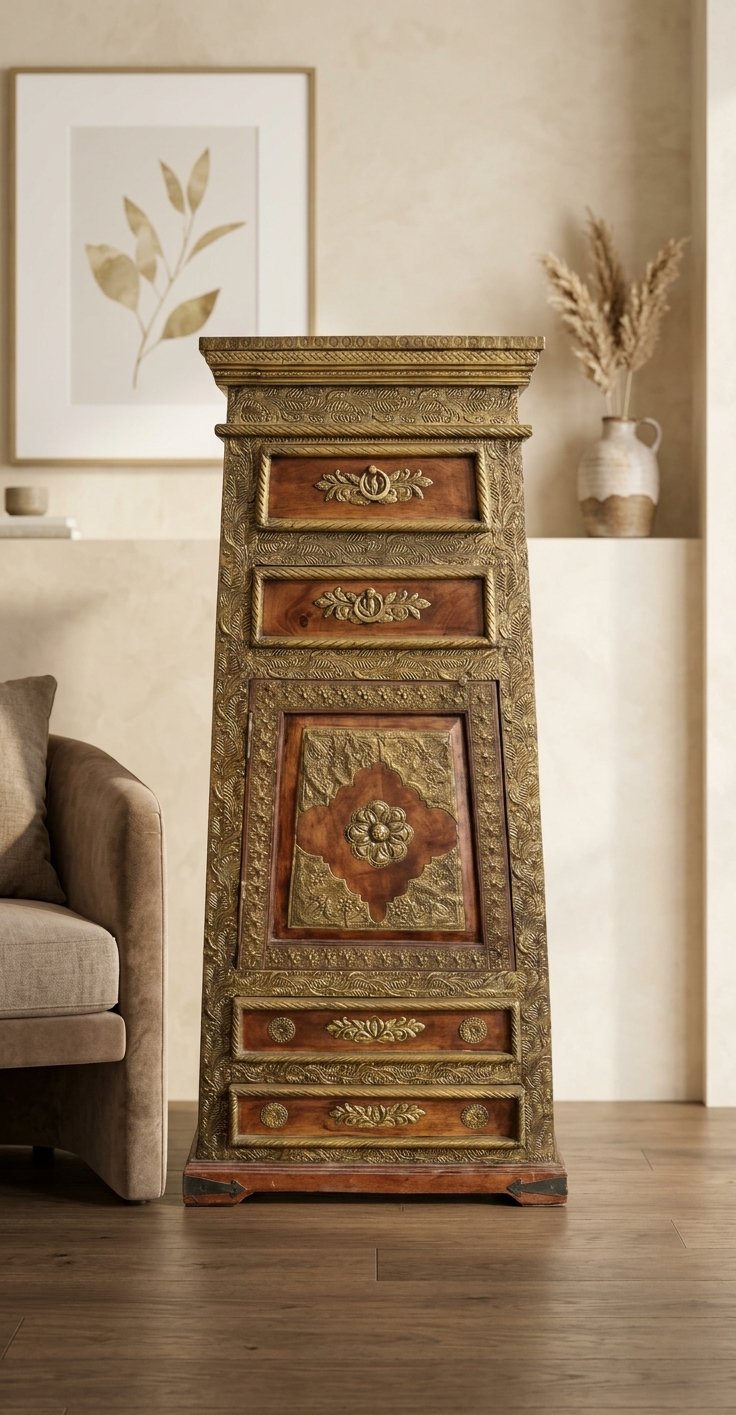 Brass Embossed Solid Wood Storage Cabinet / Tower Chest