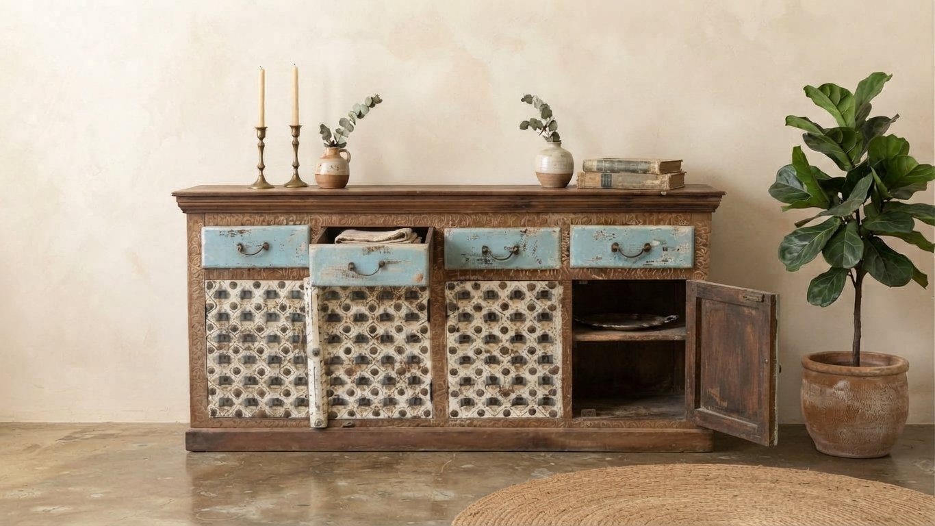 Exquisite Hand-Carved/Brass Fitted Indian Sideboard - Image 2