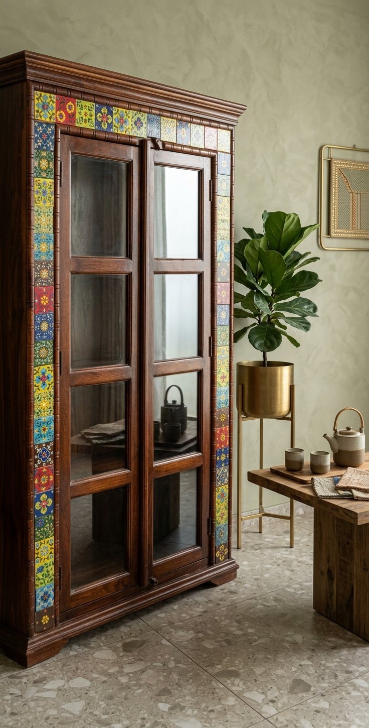Handcrafted Tile-Border Solid Wood Cabinet & Bookshelf - Image 3