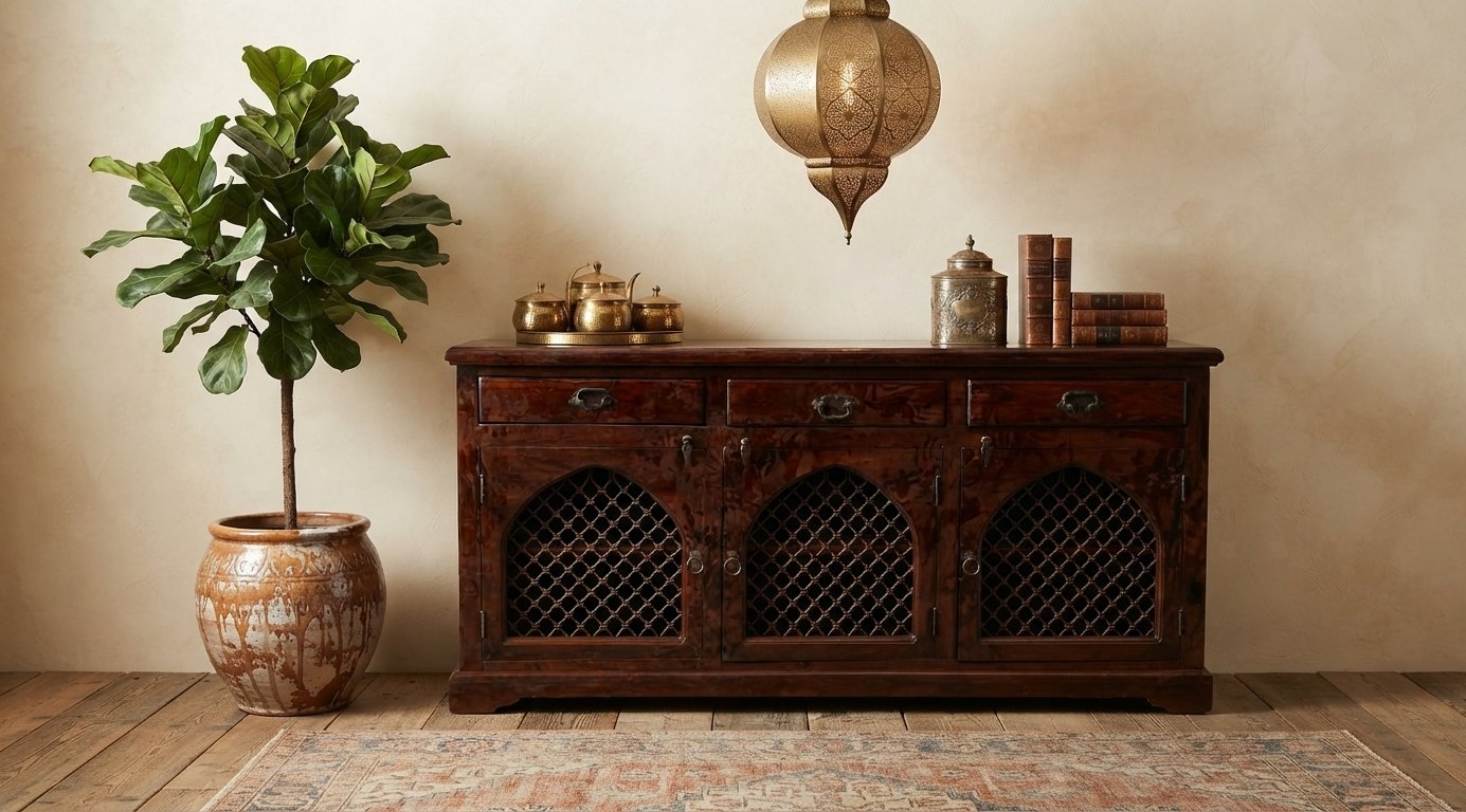 Handcrafted Solid Wood Sideboard with Jali Lattice Doors