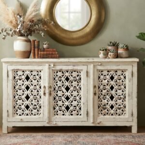 Hand-Carved Distressed Cream Sideboard Cabinet