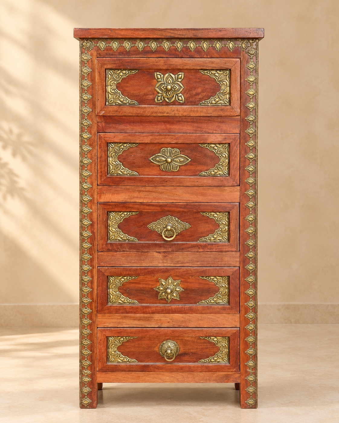 Brass Fitted Solid Wood 5-Drawer Tallboy Chest
