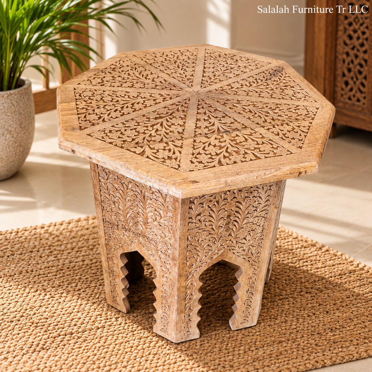 Octagonal Carved Solid Wood Side Table - Image 2