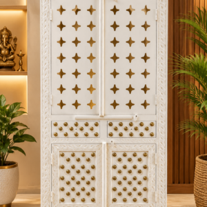 White Wooden Temple with Brass Accents