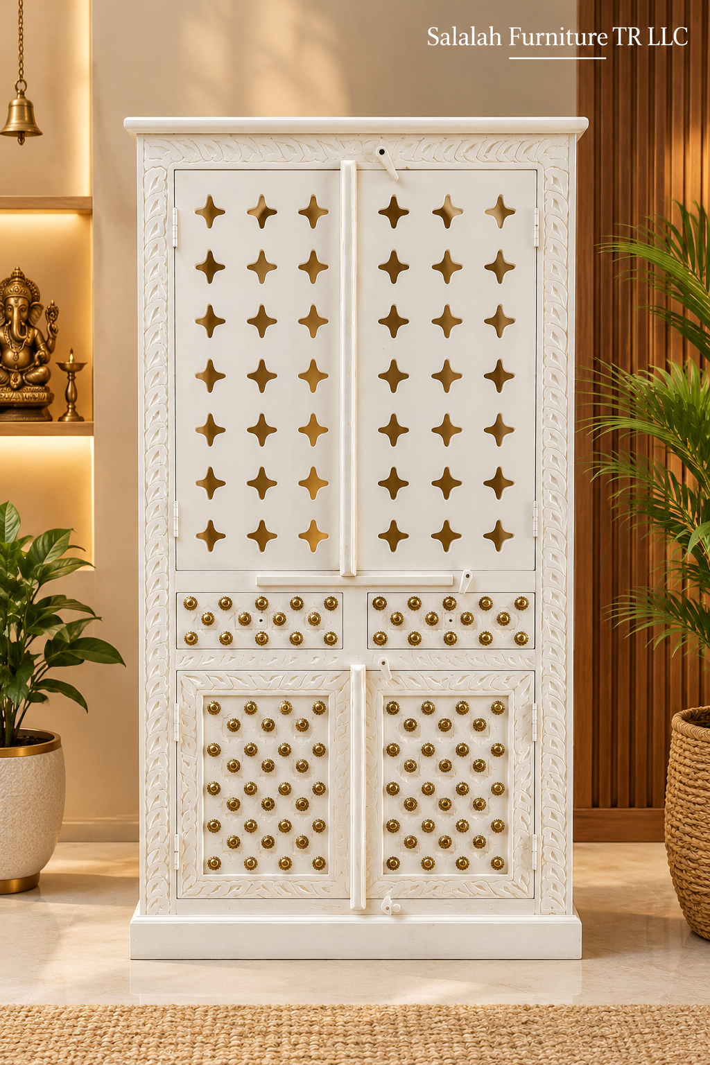 White Wooden Temple with Brass Accents
