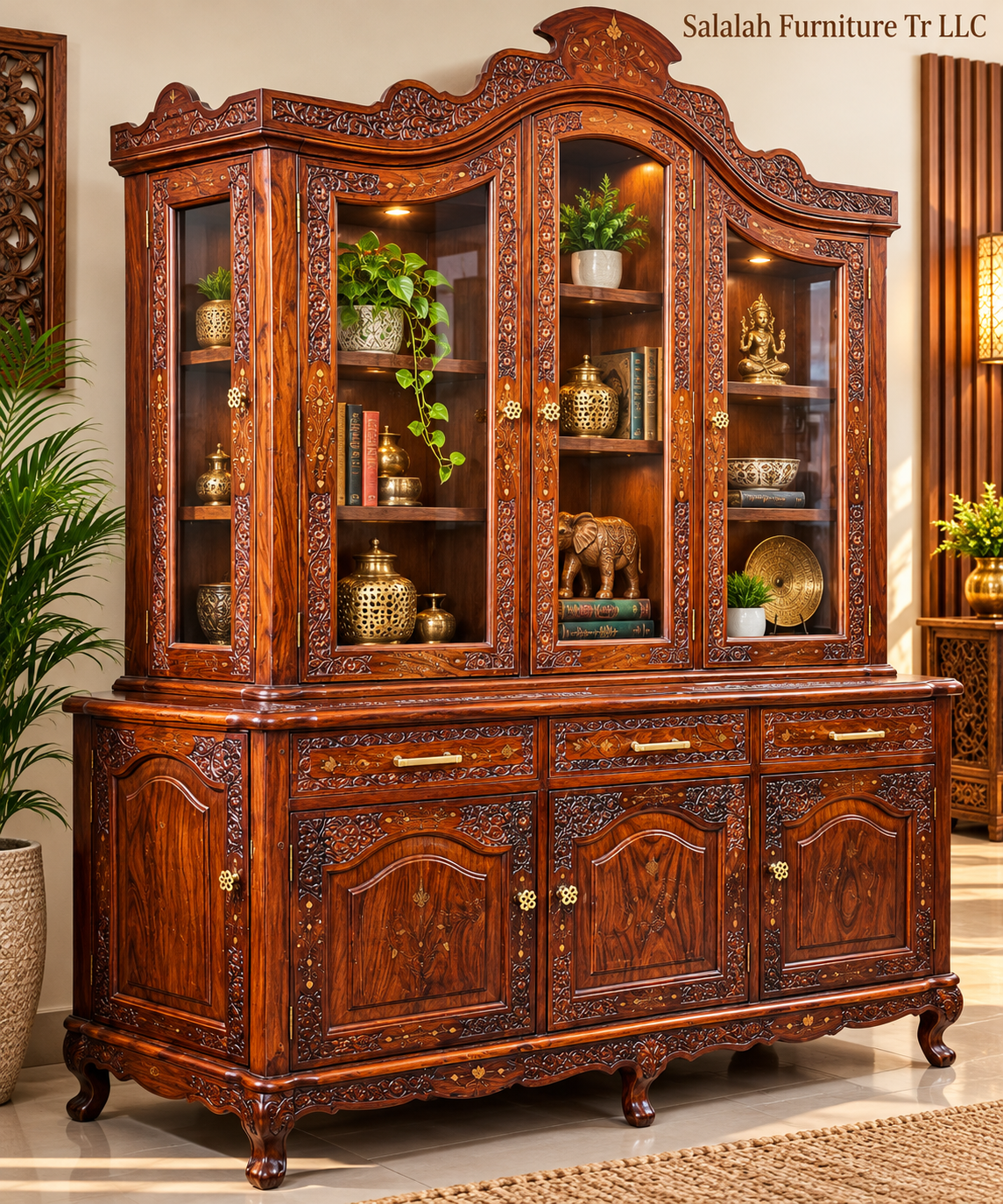 Handcrafted Solid Wood Ornate Crockery Unit & Display Cabinet - Image 2