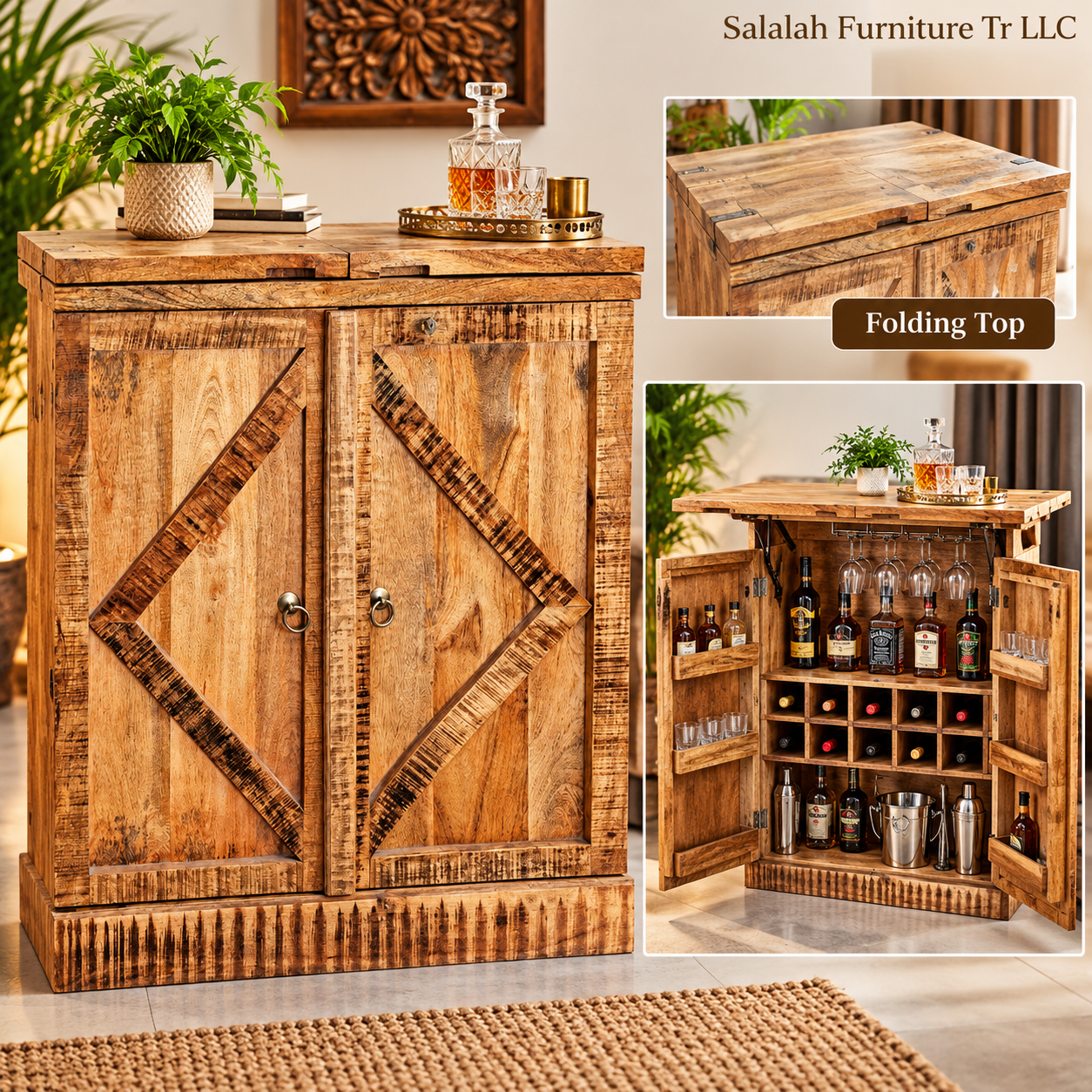 Solid Mango Wood Folding Bar Cabinet - Image 3