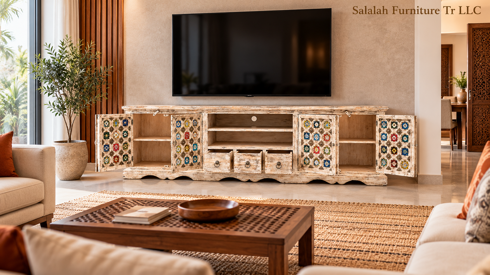 Handcrafted Solid Wood Tile-Inlay TV Unit - Image 2