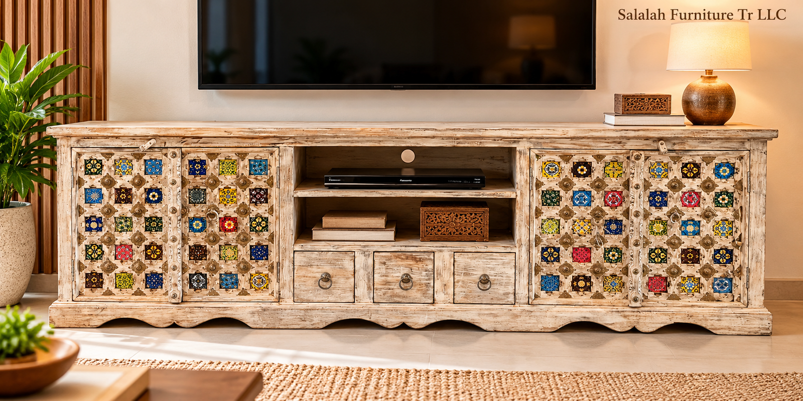 Handcrafted Solid Wood Tile-Inlay TV Unit