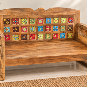 Indian Solid Wood 2-Seater Sofa with Decorative Tile Inlay