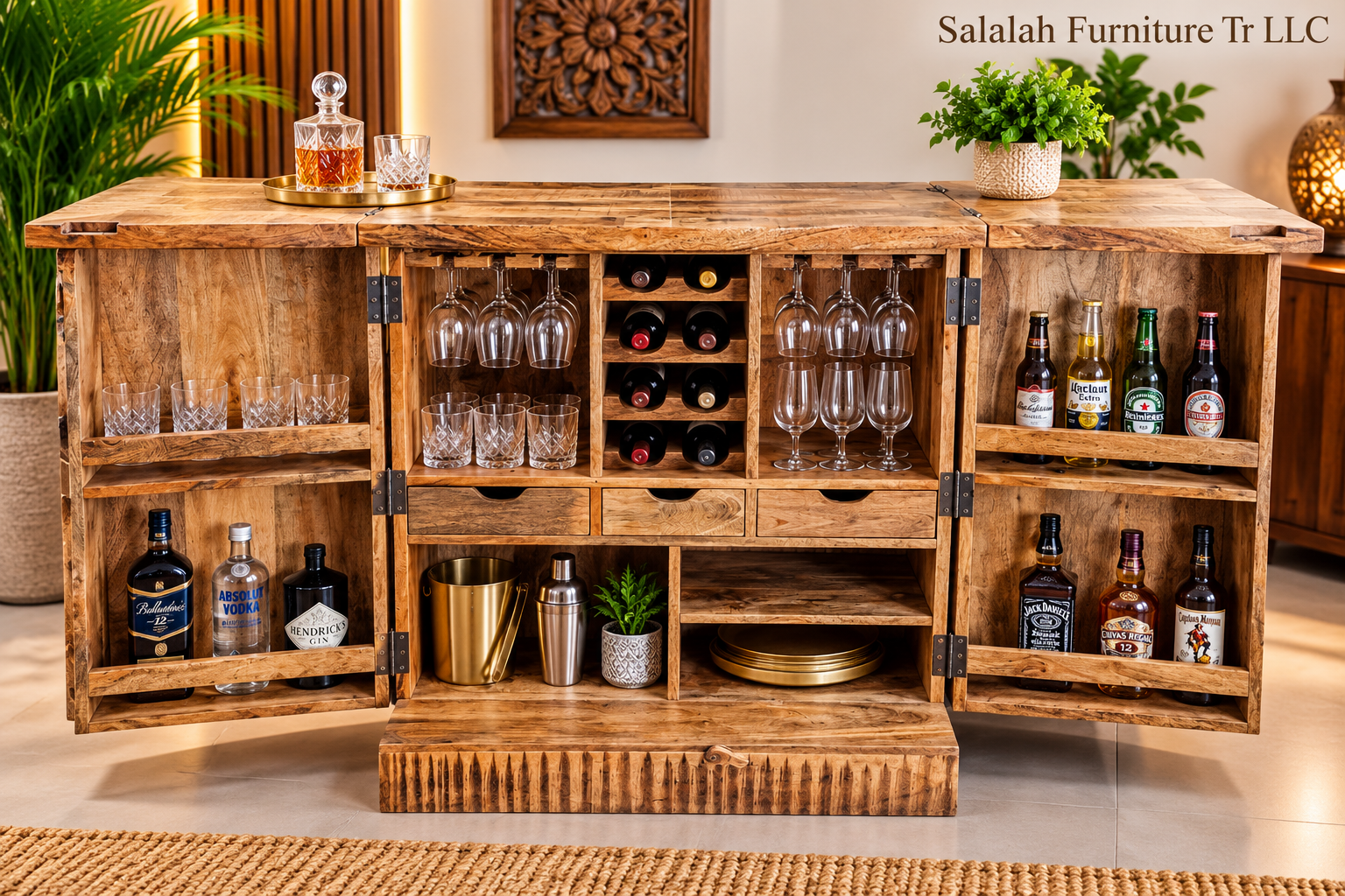 Solid Mango Wood Folding Bar Cabinet - Image 2