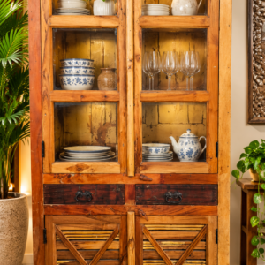 Antique Handcrafted Solid Wood Crockery Cabinet with Glass Doors
