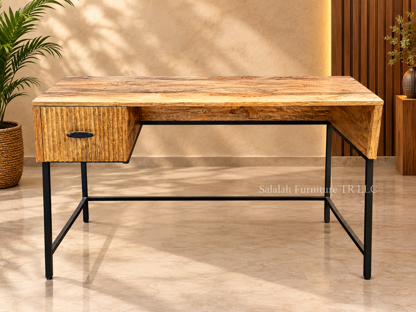 Modern Solid Wood Study Table with Fluted Drawer & Metal Frame - Image 2